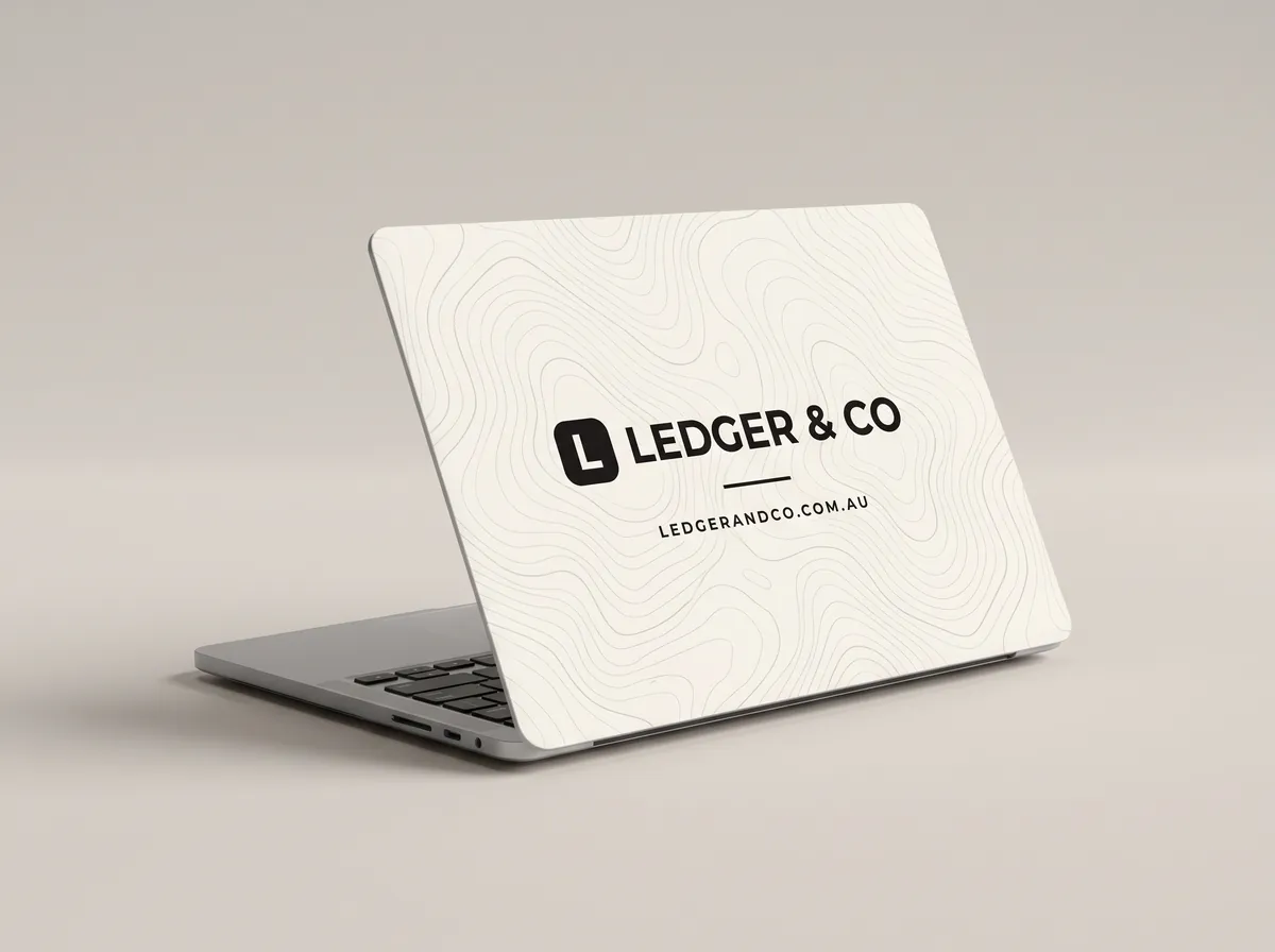 Laptop with a bone-coloured cover and a centred black Ledger & Co lockup