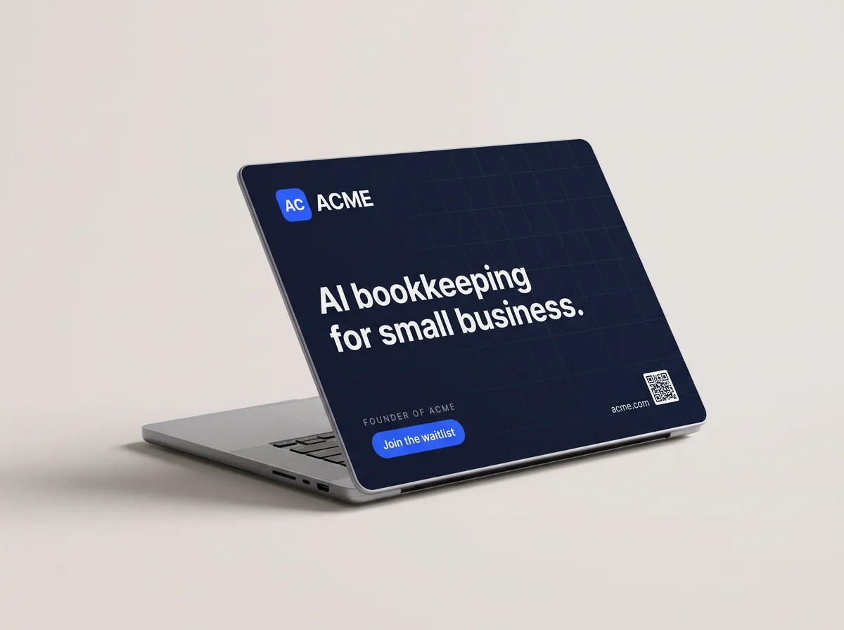 Laptop with a navy founder cover: ACME, AI bookkeeping for small business, Founder of ACME, a Join the waitlist button and a QR code
