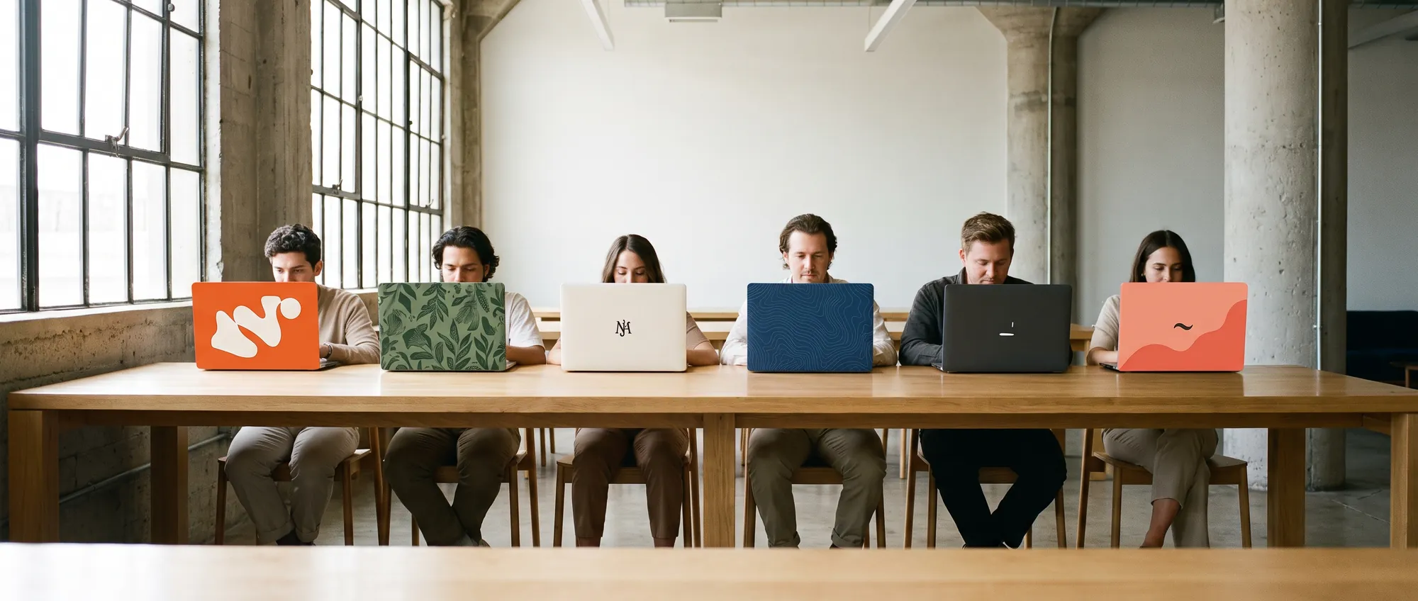 Six people working along a long oak table in a bright coworking space, each laptop lid carrying a different custom cover design