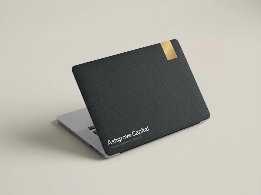 Laptop with a charcoal grid cover, a gold square and the words Ashgrove Capital
