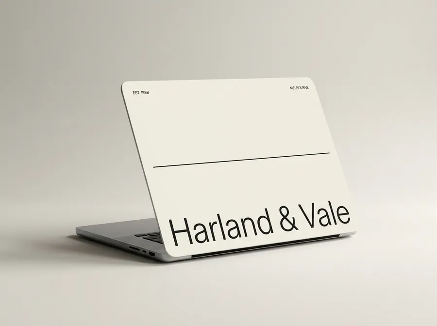 Laptop with a cream cover, a single black rule and the words Harland & Vale