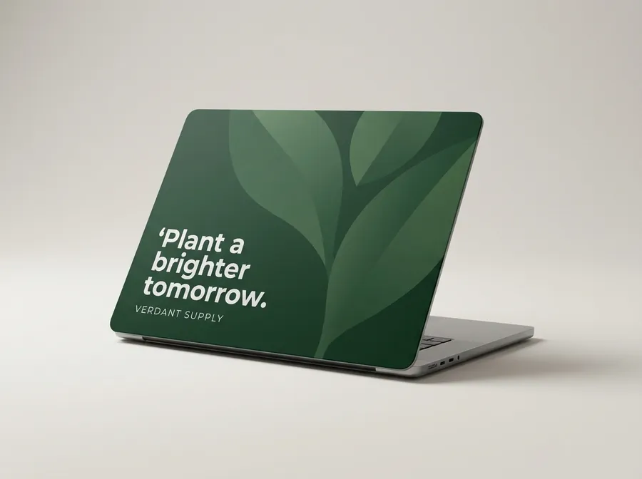 Laptop with a forest-green cover of soft leaf shapes and the words Plant a brighter tomorrow