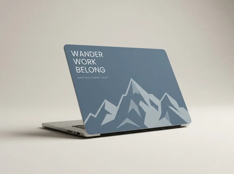 Laptop with a slate-blue cover of geometric mountains reading Wander Work Belong