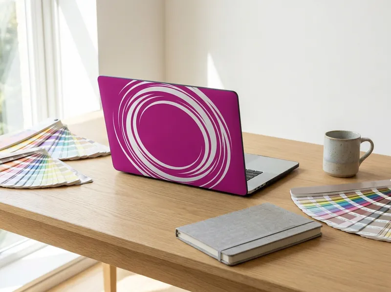 A design studio desk with an open laptop in a magenta cover beside colour swatch sheets and a notebook