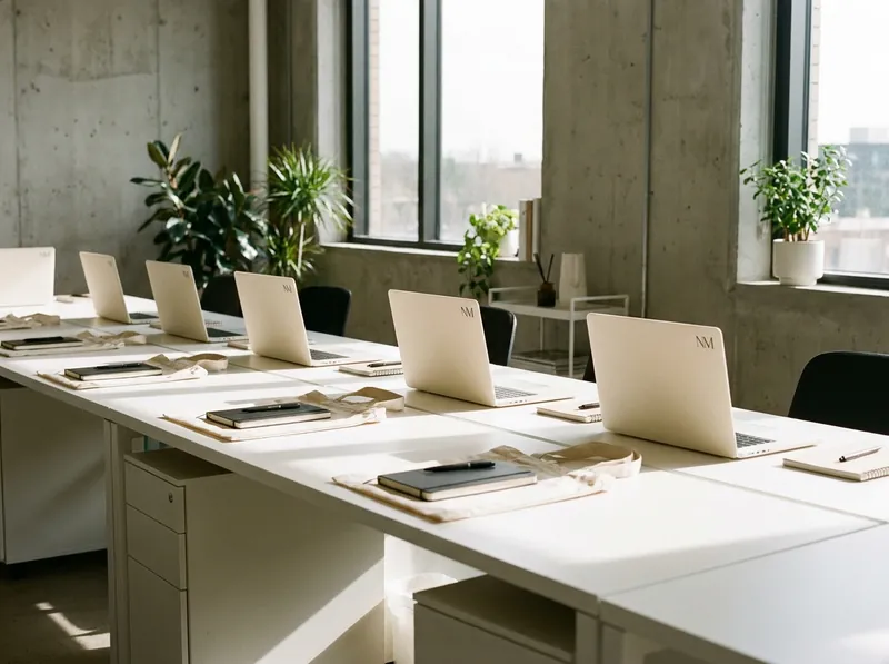 A row of five closed laptops on a white desk, each with the same off-white cover and charcoal monogram