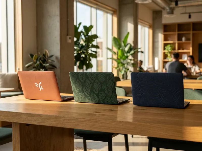 Three open laptops on a shared oak table, each lid carrying a different bold custom cover
