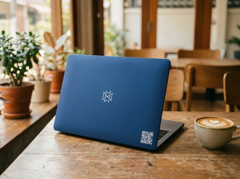 An open laptop on a cafe table beside a flat white, its navy cover carrying a small white monogram and a QR block