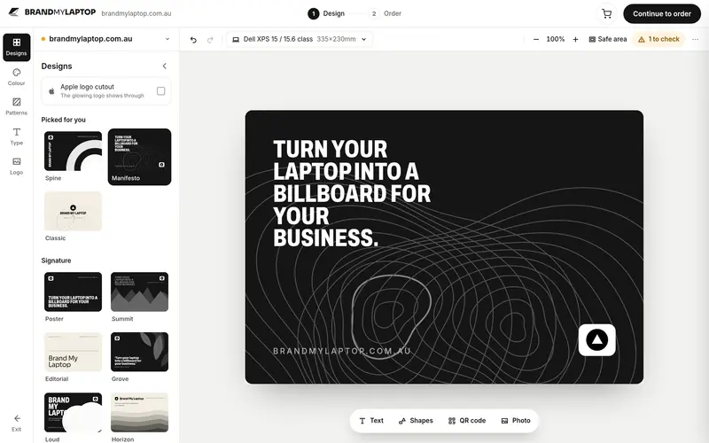 The design studio: designs picked for your brand down the left, your cover on the canvas, and tools to add text, shapes, a QR code or a photo.